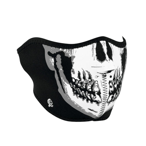 Half face riding mask with skull design on front side. Can be reversed to an all black side.
