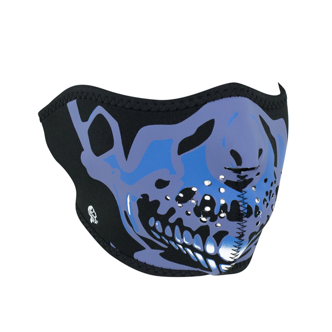Half face riding mask with blue chrome skull design on front side. Can be reversed to an all black side.