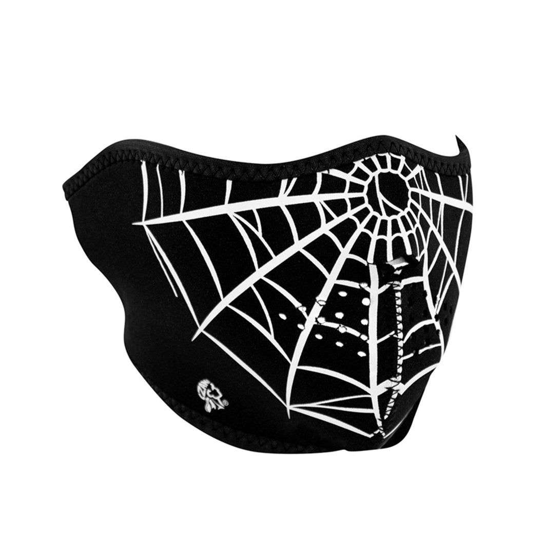 Full face riding mask with spider web design on front side. Can be reversed to an all black side.