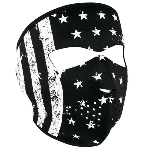 Full face riding mask with black and white American flag design design on front side. Can be reversed to an all black side.