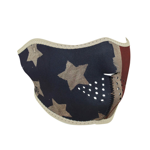 Half face riding mask with American flag on front side. Can be reversed to an all white side.