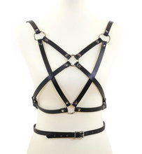Load image into Gallery viewer, mannequin displaying black leather inverted pentagram shaped eight strap body harness with attached choker and multiple silver o rings
