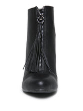 Load image into Gallery viewer, front view of Women&#39;s black vegan leather ankle boot with large wedge and front zip with black vegan leather tassel pull.
