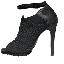 Load image into Gallery viewer, inner side view of 6&quot; heel sandal with adjustable ankle strap and woven nylon upper and sides with vegan leather details.
