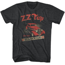 Load image into Gallery viewer, black heather band shirt with zz top logo and red car graphic and text that reads &quot;elimintaor est 1969&quot;
