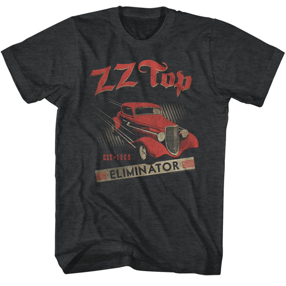 black heather band shirt with zz top logo and red car graphic and text that reads 