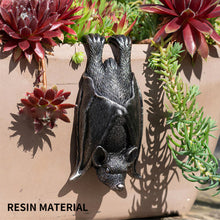 Load image into Gallery viewer, Upside down gray resin hanging bat statue.
