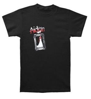 Black double sided Aiden band shirt with logo on front right, above artwork of a bloody bride. Back print has a bloody heart.