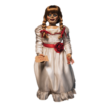 Load image into Gallery viewer, doll wearing white long sleeve dress with red carnation accessory belt. doll is holding parchment paper that reads &quot;miss me?&quot;
