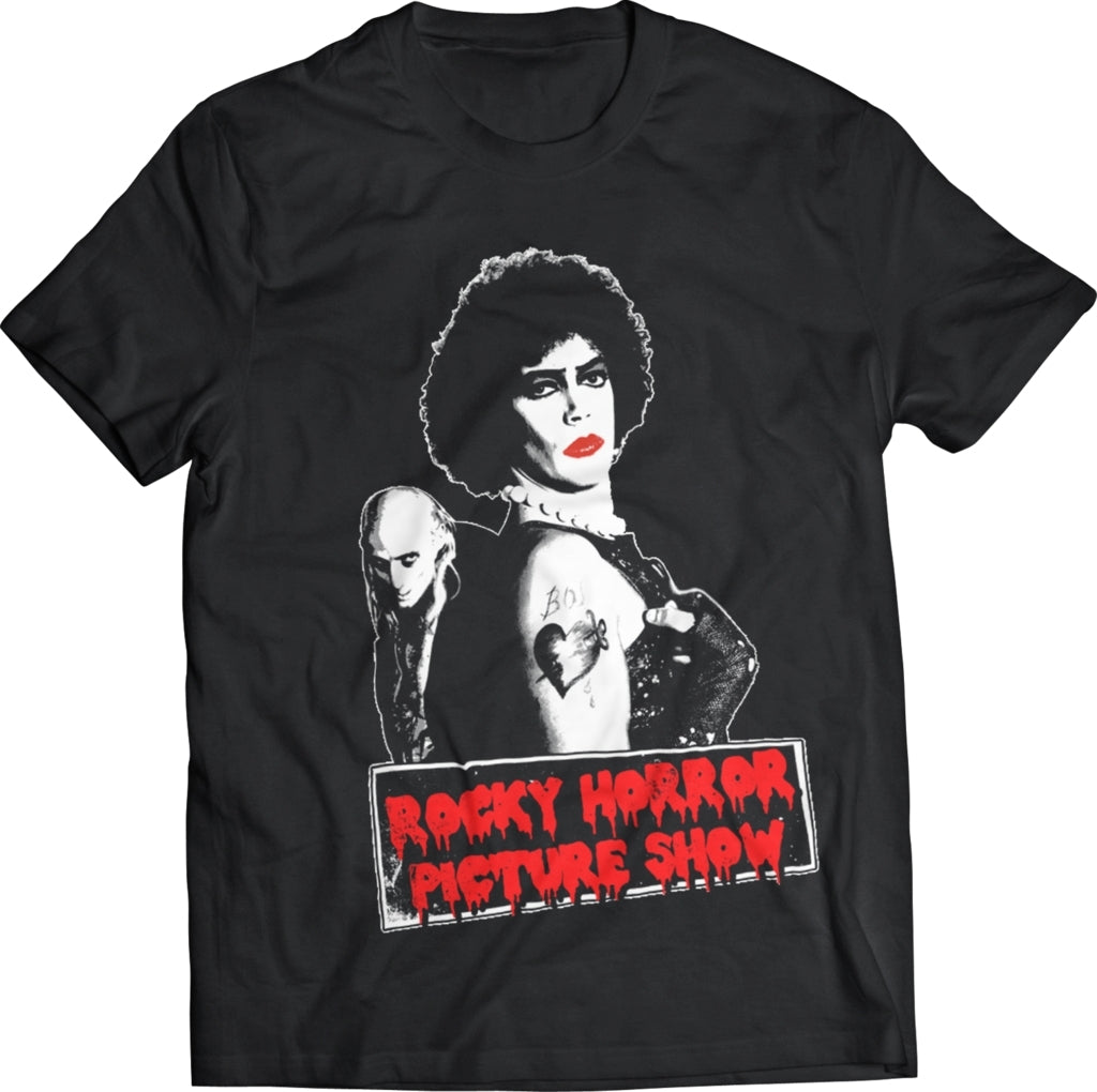 black movie shirt with tim curry (frank n. furter) and richard o'brien (riff raff) with rocky horror picture show logo