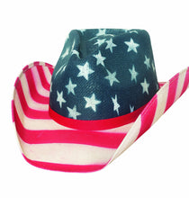Load image into Gallery viewer, Straw material, painted American flag design, blue base of hat with white stars, red and white striped brim
