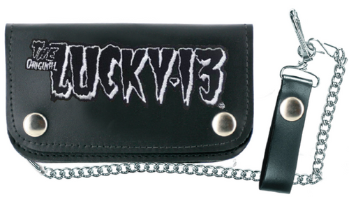 Black leather chain wallet with snap closures and a chain with a leather clasp to hook on your belt. Wallet has a black and white 