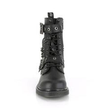 Load image into Gallery viewer, front  side view of black vegan leather unisex mid-calf combat bootg, with 1 1/4&quot; heel, 10 eyelets, top and bottom adjustable strap, and five row hanging chain on backside
