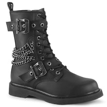 Load image into Gallery viewer, right side view of black vegan leather unisex mid-calf combat bootg, with 1 1/4&quot; heel, 10 eyelets, top and bottom adjustable strap, and five row hanging chain on backside

