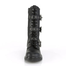 Load image into Gallery viewer, front side view of black vegan leather unisex mid calf combat boot with 1 1/4&quot; heel, 14 eyelets and 3 adjustable buckle straps
