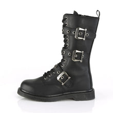Load image into Gallery viewer, left side view of black vegan leather unisex mid calf combat boot with 1 1/4&quot; heel, 14 eyelets and 3 adjustable buckle straps
