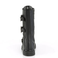 Load image into Gallery viewer, back side view of black vegan leather unisex mid calf combat boot with 1 1/4&quot; heel, 14 eyelets and 3 adjustable buckle straps
