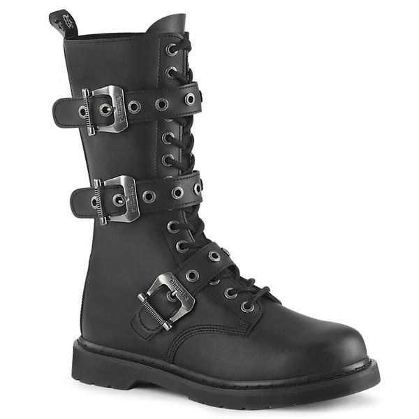 right side view of black vegan leather unisex mid calf combat boot with 1 1/4