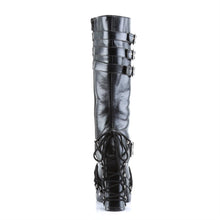 Load image into Gallery viewer, back side view of black vegan leather 2 inch platform knee high boot with three adjustable side buckles near the top, adjustable buckle around base, and lace details on front, platform, and heel of boot with lace-up front
