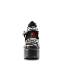 Load image into Gallery viewer, front side view of black vegan leather 2 inch platform mary jane with corset chain design detail on the front and back of shoe, with zipper detail around mouth of shoe and around adjustable front strap
