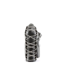 Load image into Gallery viewer, back side view of black vegan leather 2 inch platform mary jane with corset chain design detail on the front and back of shoe, with zipper detail around mouth of shoe and around adjustable front strap
