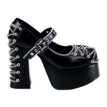 Load image into Gallery viewer, right side view of black vegan leather 2 inch platform mary jane with corset chain design detail on the front and back of shoe, with zipper detail around mouth of shoe and around adjustable front strap
