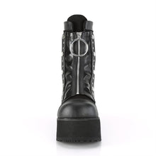 Load image into Gallery viewer, front view of black vegan leather mid calf 3.5 inch wedge platform boot with front snap-on stretch panel that has a zipper with large O ring pull tab, which hides laces. also has lace up back
