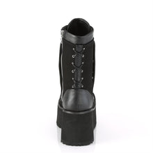 Load image into Gallery viewer, back side of black vegan leather mid calf 3.5 inch wedge platform boot with front snap-on stretch panel that has a zipper with large O ring pull tab, which hides laces. also has lace up back.
