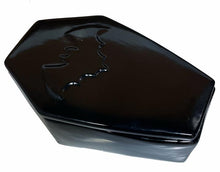 Load image into Gallery viewer, Coffin shaped black box made from ceramic and has a molded bat on the lid.
