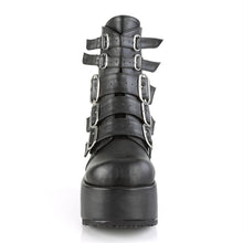 Load image into Gallery viewer, front side view of black vegan leather ankle boot with 4 1/4&quot; platform. boot has 5 adjustable straps from top to bottom
