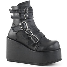 Load image into Gallery viewer, right side view of black vegan leather ankle boot with 4 1/4&quot; platform. boot has 5 adjustable straps from top to bottom
