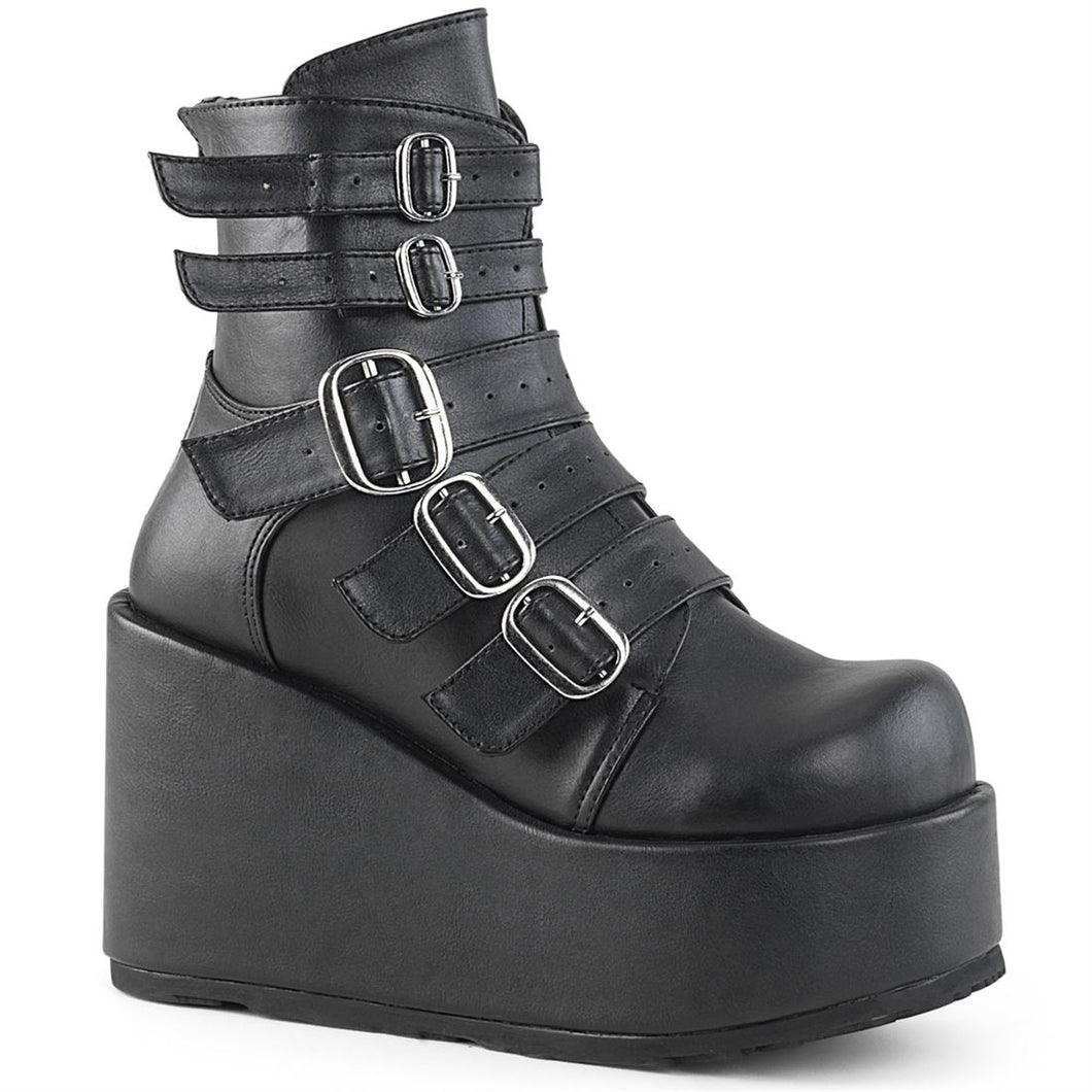 right side view of black vegan leather ankle boot with 4 1/4