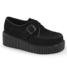 Load image into Gallery viewer, right side view of black vegan leather suede 2&quot; platform creeper sneaker shoe with adjustable strap across foot
