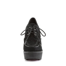 Load image into Gallery viewer, front side view of black vegan leather suede 5 1/4&quot; wedge platform oxford creeper lace up shoe

