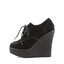 Load image into Gallery viewer, left side view of black vegan leather suede 5 1/4&quot; wedge platform oxford creeper lace up shoe
