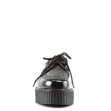 Load image into Gallery viewer, front side view of right side view of real black leather 2 inch platform creeper with woven detail on top of shoe and lace up front. has secret hidden coffin shaped compartment underneath sole cover inside shoe
