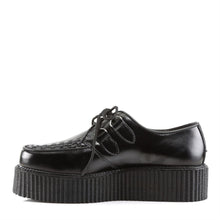 Load image into Gallery viewer, left side view of right side view of real black leather 2 inch platform creeper with woven detail on top of shoe and lace up front. has secret hidden coffin shaped compartment underneath sole cover inside shoe
