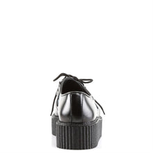 Load image into Gallery viewer, back side view of right side view of real black leather 2 inch platform creeper with woven detail on top of shoe and lace up front. has secret hidden coffin shaped compartment underneath sole cover inside shoe
