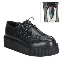 Load image into Gallery viewer, right side view of real black leather 2 inch platform creeper with woven detail on top of shoe and lace up front. has secret hidden coffin shaped compartment underneath sole cover inside shoe
