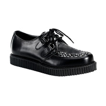 Load image into Gallery viewer, right side view of black leather 1&quot; platform Gothic rockabilly punk black leather creeper with front top weaving design and lace up front
