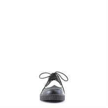 Load image into Gallery viewer, front side view of real leather 1&quot; platform Rockabilly Punk Oxford Creeper with Black upper, white center, and black bottom to create a tuxedo look
