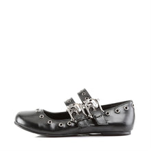 Load image into Gallery viewer, left side view of black vegan leather Ballet Flat Double Strap Mary Jane with Skull Buckle Eyelet Detailing on two adjustable straps that go over the top of the foot
