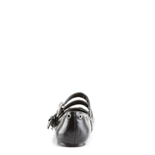 Load image into Gallery viewer, back side view of black vegan leather Ballet Flat Double Strap Mary Jane with Skull Buckle Eyelet Detailing on two adjustable straps that go over the top of the foot
