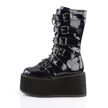 Load image into Gallery viewer, left side view of black oil slick vinyl pvc 3.5&quot; platform lace-up front Mid-calf boot Features 6 cone-studded buckle straps and Inside metal zip closure
