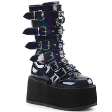 Load image into Gallery viewer, right side view of black oil slick vinyl pvc 3.5&quot; platform lace-up front Mid-calf boot Features 6 cone-studded buckle straps and Inside metal zip closure
