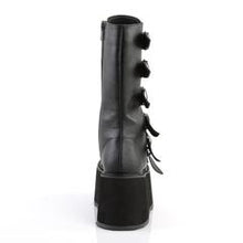Load image into Gallery viewer, back side view of black Vegan leather 3.5&quot; platform lace-Up front mid-calf boot Features 6 cone-studded buckle straps and Inside metal zip closure
