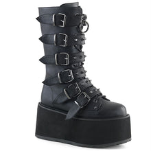 Load image into Gallery viewer, right side view of black Vegan leather 3.5&quot; platform lace-Up front mid-calf boot Features 6 cone-studded buckle straps and Inside metal zip closure
