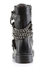 Load image into Gallery viewer, back side view of black vegan leather 1&quot; heel 10 eyelet goth punk military combat boot with buckles and chains with full inner side zipper
