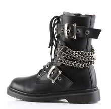 Load image into Gallery viewer, left side view of black vegan leather 1&quot; heel 10 eyelet goth punk military combat boot with buckles and chains with full inner side zipper
