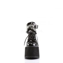 Load image into Gallery viewer, front view of black vinyl 5.5&quot; wedge platform Mary Jane style Lace-up front Wrap around style studded adjustable strap around ankle
